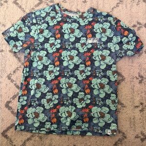 Hurley Floral Graphic T-Shirt Small Blue Green Tropical Cotton